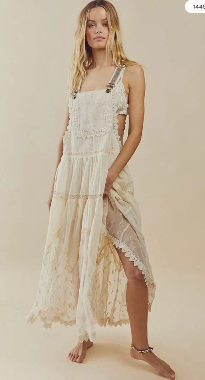 Free People Trails End Lace Crochet Overalls Maxi Dress Skirtall NWT XS